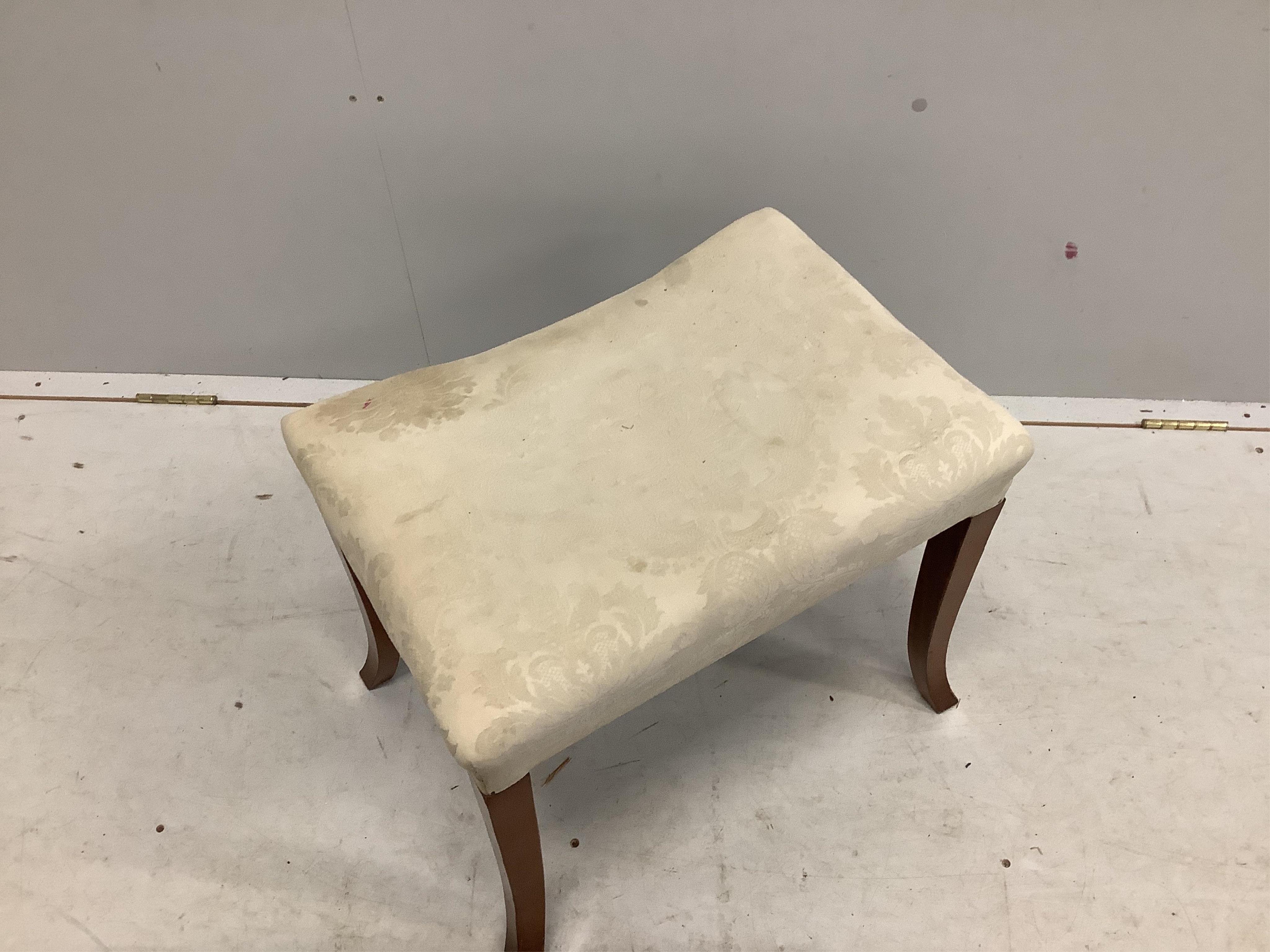 A mahogany dressing stool with square splayed legs and an overstuffed seat covered in green damask, a mahogany standard lamp, bedside cabinet and tripod table. Condition - poor to fair